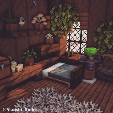 Minecraft Cottage Interior Bedroom, Minecraft Room Ideas Survival, Villager Room Minecraft, Small Bed Design Minecraft, Minecraft House Decor Ideas Bedroom, Minecraft Simple Interior, Minecraft Building Bedroom Ideas, Minecraft Bedroom Ideas Aesthetic, Minecraft Cute Room Ideas