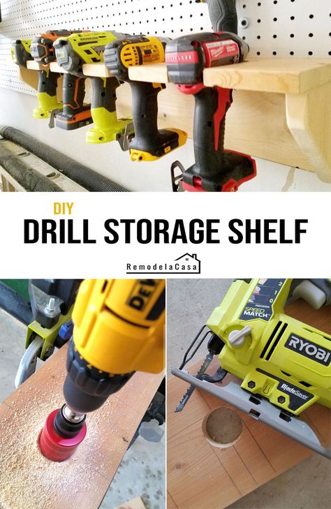 Wood Drill Holder, Drill Organizer, Shelf Hallway, Organize Tools, Ladder Shelf Diy, Drill Storage, Diy Bar Stools, Easy Shelves, Ladder Shelves