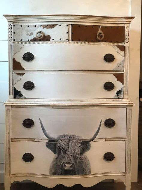 Cowhide Dresser Diy, Aztec Furniture Makeover, Diy Western Dresser Makeover, Western Style Painted Furniture, Western Dresser Diy, Western Furniture Diy, Southwestern Dresser, Western Dressers, Western Dresser Furniture