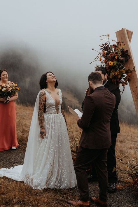 Hurricane Ridge Elopement in Washington |   couple tattoos 7 Cover Ups Tattoo, Henry Tieu, Alt Wedding, Fall Elopement, Edgy Wedding, Elopement Wedding Dresses, Brides With Tattoos, Dress With Cape, Immediate Family