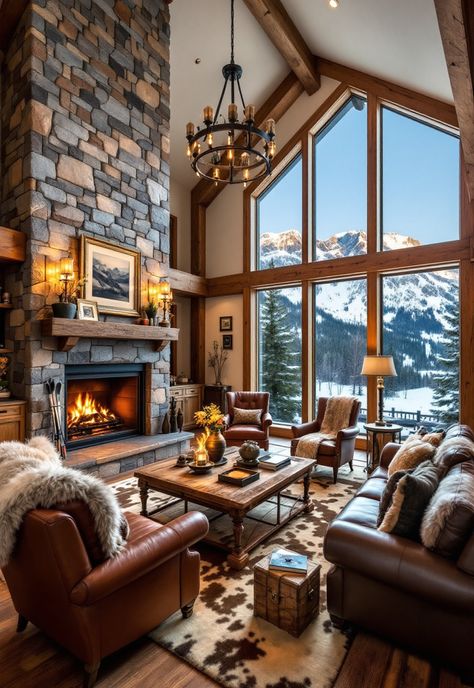 Rustic Living Room Mountain Lodge Fireplace, Comfort Room Ideas, Winter Lodge Interior, Mountain Decor Living Room, Comfort Rooms Ideas, Rustic Mountain Homes Interior, Rustic Living Room Designs, Ski Lodge Interior, Lodge Fireplace