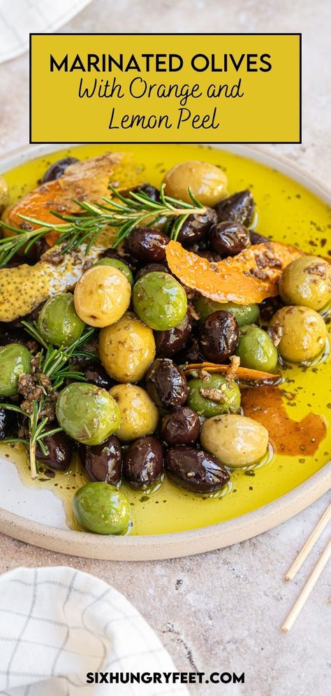 Mixed Olives marinated with lemon and orange zest, fresh herbs, olive oil, and balsamic vinegar, the best combination to bring Mediterranean flavors to your table. Olive Oil Marinade, Yummy Lunch Recipes, Olive Appetizer, Pickled Olives, Vegan Snack Recipes, Marinated Olives, Olive Salad, Elegant Appetizers, Olive Recipes