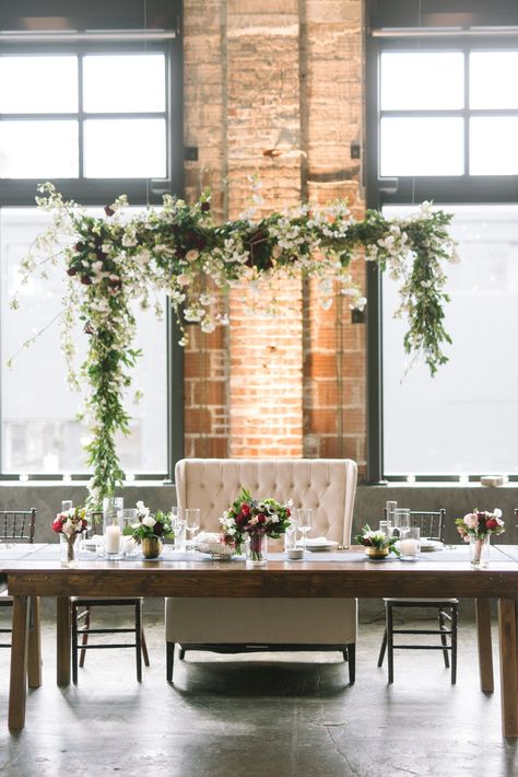 Suspended Greenery and Cherry Blossom Head Table Arch Head Table Arch, Table Arch, Head Table Wedding Decorations, Head Table Backdrop, Head Table Decor, Head Table Wedding, Head Tables, Cherry Blossom Wedding, Light Backdrop