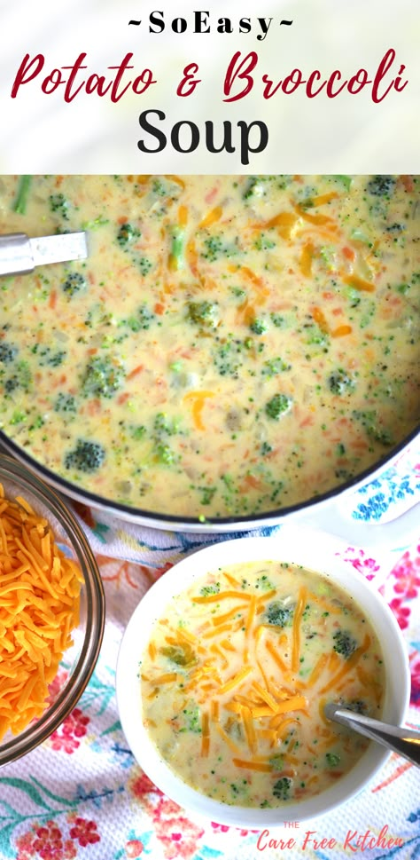 My family loves this! This cheesy potato and broccoli soup is packed with vegetables and flavor.  It’s a healthy dinner idea.  It’s delicious and and easy dinner the entire family will love.  #broccoli #potato #cheese #cheesy #soup #easy #dinnerrecipes #dinnerideas #dinnertime #easyrecipe #easydinner #thecarefreekitchen Potato And Broccoli Soup, Broccoli Potato Cheese Soup, Potato And Broccoli, Broccoli And Cheese Soup, Broccoli Potato Soup, Broccoli Potato, Cheesy Potato Soup, Potato Soup Easy, Broccoli Cheese Soup Recipes