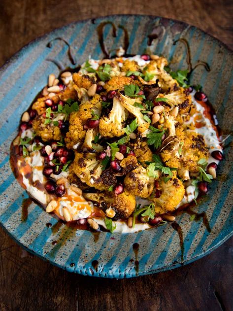 Roasted Cauliflower with Herbed Yogurt, Pomegranate Molasses and Smoked Paprika Oil Reset Month, Thanksgiving Sidedish, Cauliflower Quinoa, Curry Cauliflower, Grilled Broccolini, Pork Fillet, Roasted Strawberries, Vegetarian Sides, Cauliflower Curry