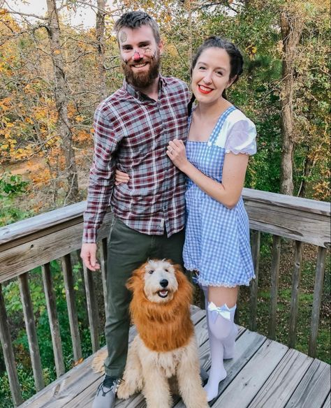 Halloween Costume Ideas For Couples And Dog, Cute Couple Costumes With Dog, Wizard Of Oz Family Costume With Dog, Husband Wife And Dog Halloween Costume, Couple Halloween With Dog, Wizard Of Oz Dog Costume, Couple And Puppy Halloween Costumes, Couples Halloween Costume Ideas With Dog, Halloween Costume For Couple And Dog