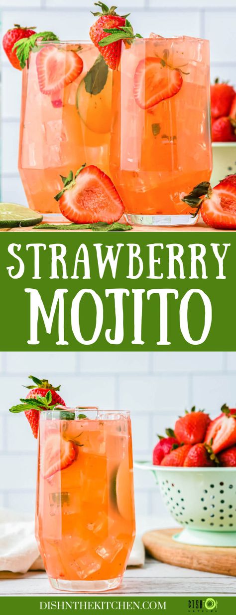 Summer strawberries meet fresh mint and rum in this sensational Strawberry Mojito. This extra fruity cocktail contains both fresh strawberries and strawberry simple syrup to make the most of strawberries in season. Makes one cocktail but includes directions to make a pitcher. Resep Mojito, Mojitos Recipe, Strawberry Mojito Recipe, Strawberry Cocktail, Mojito Recept, Easy Alcoholic Drinks, Mommy Ideas, Plats Healthy, Strawberry Mojito