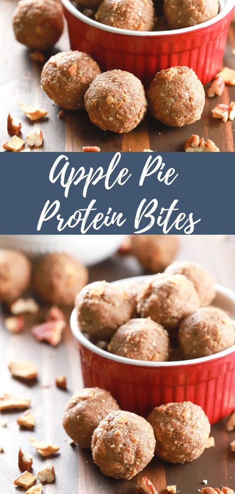 Apple pie protein bites in a small red bowl on a wooden board with a few bites surrounding the bowl. Apple Butter Protein Balls, Apple Pie Energy Bites, Protein Balls Apple Cinnamon, Caramel Apple Energy Bites, High Protein Apple Snacks, Apple Energy Balls, High Protein Fall Snacks, Apple Pie Protein Balls, Apple Sauce Protein Balls