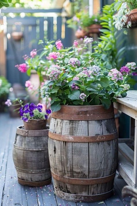 Whiskey Barrel Planter Flowers, Rustic Wheelbarrows, Broken Pot Garden, Planter Flowers, Ladder Planter, Whiskey Barrel Planter, Wagon Planter, Fall Landscaping, Mailbox Landscaping