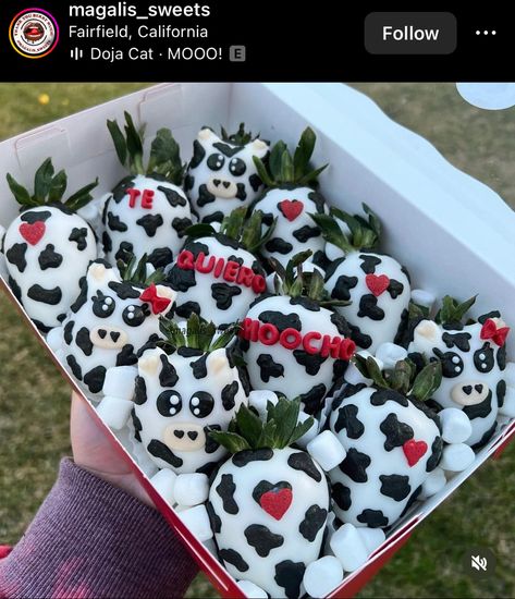 Te Quiero Moo Cho Strawberries, Cow Theme Strawberries, Cow Print Chocolate Covered Strawberries, Cow Deserts, Cow Chocolate Covered Strawberries, Cow Print Strawberries, Cow Strawberries, Preppy Recipes, Graduation Strawberries