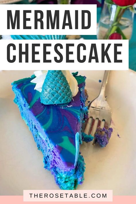 The perfect dessert for your Mermaid party! Looking for a make-ahead Disney dessert for your Little Mermaid party? This Mermaid Cheesecake is as delicious as it is beautiful! Mermaid Dinner Food, Mermaid Breakfast Food, Mermaid Brunch Food, Little Mermaid Snack Ideas, Mermaid Deserts, Little Mermaid Themed Dinner, Little Mermaid Food Ideas, Mermaid Cheesecake, Little Mermaid Dessert