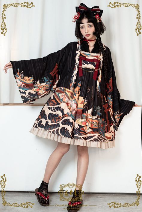 CEL Lolita -Kaiseki in Waves- Wa Lolita Haori (printed version) Dresses Reference, Japanese Lolita Fashion, Lolita Outfits, Victorian Clothing, Japanese Street Fashion, Japanese Outfits, J Fashion, Yukata, Lolita Dress