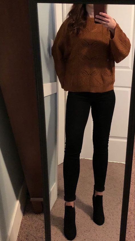 Black Jeans Brown Sweater Outfit, Black Pants And Brown Boots, Brown Sweater Black Jeans, Brown Wool Sweater Outfit, Rust Brown Outfit, Dark Brown Sweater Outfit, Rust Sweater Outfit, Wool Sweater Outfit, Brown Sweater Outfit