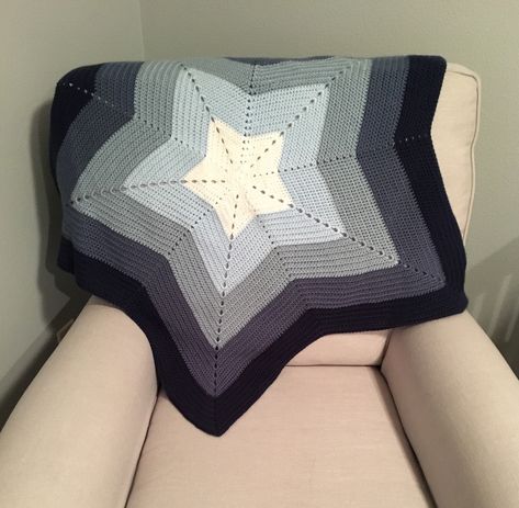 Handmade crocheted star baby blanket. Perfect for keeping baby nice and cozy and warm. Made with a soft, 100% acrylic yarn, that's soft on baby's skin. Great for a baby shower gift or your own bundle of joy! It will be a keepsake that your baby can have for years to come. Colors include dark, medium, light and baby blue and white.  Care Instructions: Machine wash and dry Blanket measurements: Width (Point to Point)- 46" Width (Narrowest)- 26" PLEASE NOTE: My shipping fees are an estimate. After Light Blue Crochet Blanket, Weather Crochet Blanket, How To Crochet A Baby Blanket, Dark Blue Crochet, Blue Crochet Blanket, Crocheted Star, Crochet Star Blanket, Ombre Crochet, Star Baby Blanket