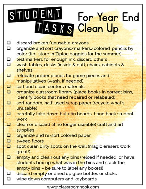 There are a variety of cleaning tasks that your students can do to help you clean up your classroom for the school year Teacher Checklist, Clean Classroom, Classroom Procedures, End Of Year Activities, Cleaning Tasks, 4th Grade Classroom, Classroom Printables, End Of School Year, Year End