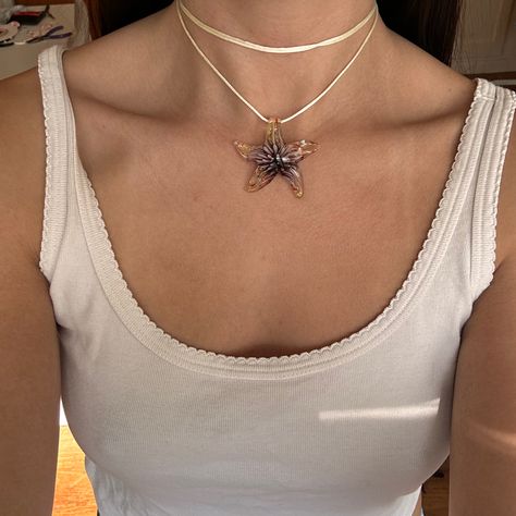 Glass starfish necklace by @katelynharuko on depop #starfish #glass #pendant 90s Pendant Necklace, Murano Necklace Glass Jewelry, Murano Glass Jewelry Pendant Necklace, Glass Star Necklace, Starfish Pendant Necklace, Star Fish Necklace, Starfish Aesthetic, Glass Starfish Necklace, Murano Necklace