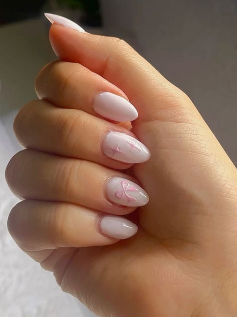 White Almond Nails, Bow Nail Designs, Gel X Nail, Teen Nails, Bunny Nails, Nail Time, Simple Gel Nails, Girly Acrylic Nails, Summery Nails