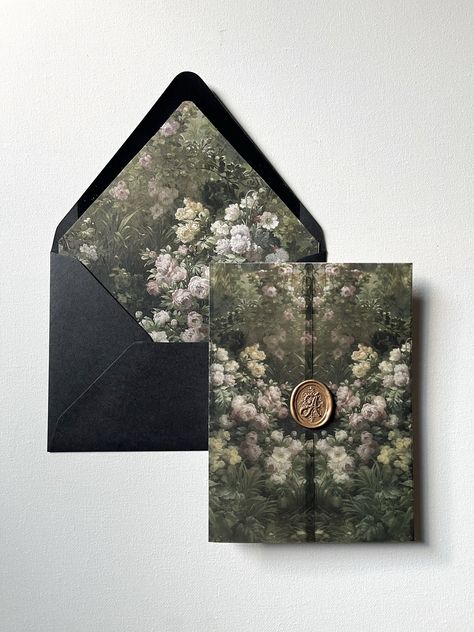 This listing is for VELLUM WRAPS and LINED ENVELOPES (A7 euro flap) that will work with 5x7 invitations. The design is a vintage floral, wild rose painting that is a lovely touch to any elegant wedding invitation suite. Each set comes with the lined envelope + vellum wrap. Wax seal sold separately. ORDERING 1. Select the correct set quantity in the first dropdown menu. 2. Select envelope color and add to personalization box. 3. Add the item to your cart and complete your purchase. Please don't h Wax Sealed Envelopes, Family Stationary, Undangan Wedding, Floral Vellum, Envelope Vintage, Letter Invitation, Wedding Invitations Vintage, Printed Vellum, Elegant Envelope