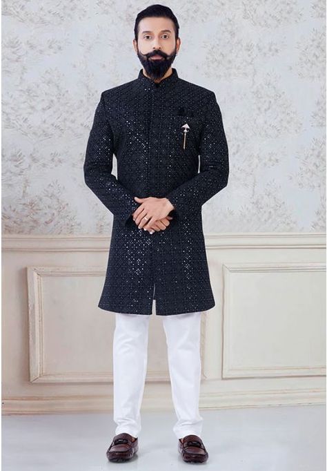 Black Velvet Indo Western Velvet Kurta Designs, Black Indo Western Dress, Indian Hairstyles Men, Velvet Sherwani, Indo Western Dress For Men, Indian Groom Dress, Indian Wedding Clothes For Men, Mens Indian Wear, Wedding Kurta For Men