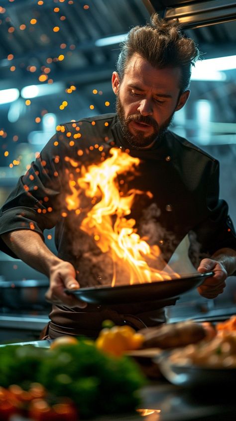 Chef's Fiery Performance: A skilled chef masterfully controls a dramatic flame as he prepares a dish in the kitchen. #chef #cooking #flame #kitchen #intensity #aiart #aiphoto #stockcake ⬇️ Download and 📝 Prompt 👉 https://ayr.app/l/2iy5 Chef In Action Photography, Dramatic Food Photography, Chef Photoshoot Ideas Cooking, Chef Photoshoot Ideas Photo Shoot, Cinematic Food Photography, Cooking Asthetic Picture, Foods Aesthetic Night, Restaurant Shoot Ideas, Chef Cooking Photography