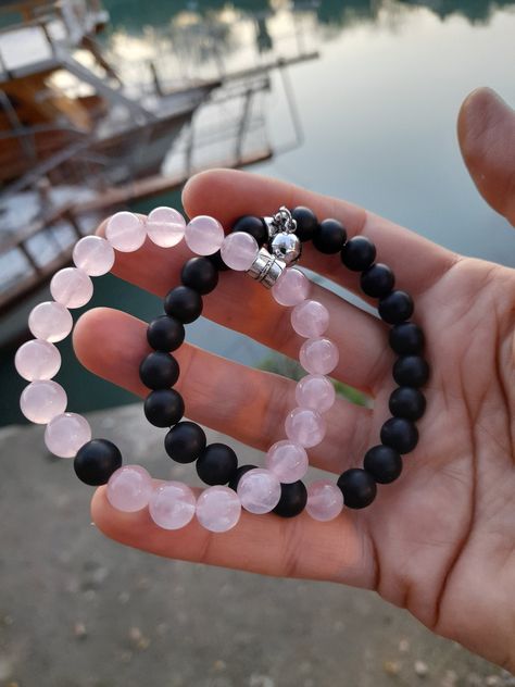 Valentine's Day Gift ,Rose Quartz & Onyx Magnet,Couple Bracelets , Distance Friendship Bracelets,Relationship Bracelet for Couples. 🍁You should clean your bracelets once a week with dry soil or water. They also love to be alive and clhe more it will benefit Natural stones may vary slightly in color/detail as each one is unique in its own way 🍁Holiday paradise Antalya Manavgat, my jewelry made by adding my love in my wooden cottage on the river bank. I send the energy of peace I'm in to your ho Distance Bracelets Couples, Couple Bracelet Ideas Beads, Boyfriend Matching Bracelets, Matching Bracelets For Couples Diy Beads, Cute Couple Jewelry, Boyfriend And Girlfriend Bracelets, Couple Bracelet Ideas, Cute Couple Bracelets, Friend Ship Bracelets