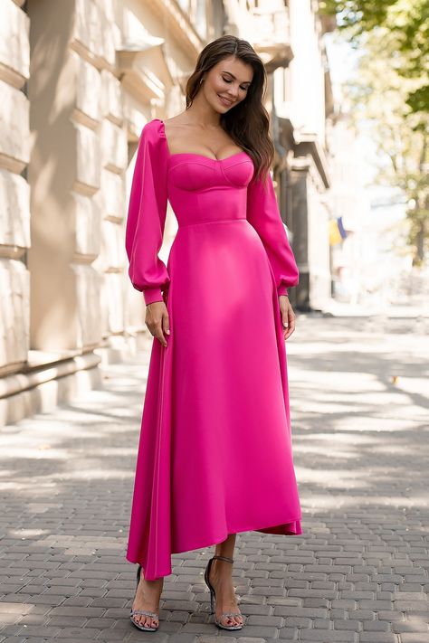 Magenta Bridesmaid, Magenta Bridesmaid Dresses, Crimson Dress, Fuschia Dress, Backless Midi Dress, Bridesmaid Dresses With Sleeves, Wear Store, Dress With Sleeves, Sweetheart Dress