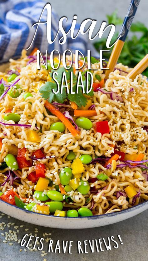 This easy Asian noodle salad recipe is ramen noodles and colorful veggies all tossed in a sesame hoisin dressing. Healthy Asian Noodle Salad, Japanese Salad With Ramen Noodles, Sesame Pasta Salad, Asian Noodle Recipes Vegetarian, Cold Asian Noodle Recipes, Pioneer Woman Asian Noodle Salad, Asain Food Recipe Healthy, Ramen Pasta Salad, Japanese Noodle Salad