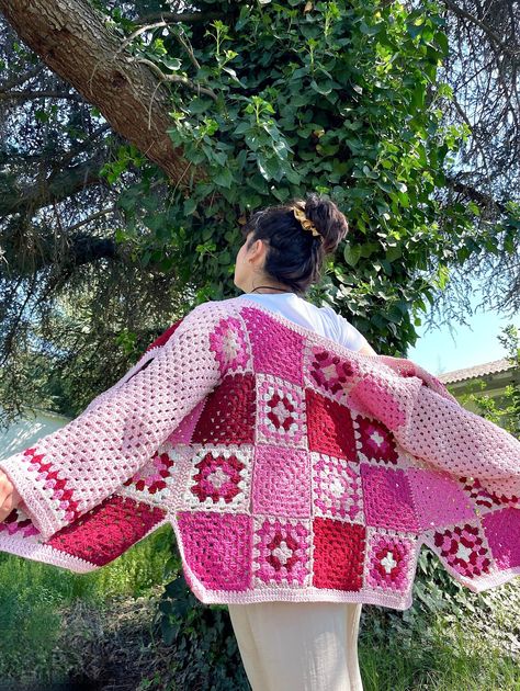 Granny Square Crochet Cardigan, Patchwork Organic Cotton Sweater, Pink Crochet Cardigan for Women's, Oversized Cardigan Crochet Cardigan Patchwork, Pink Crochet Cardigan, Granny Square Crochet Cardigan, Square Jacket, Colorful Cardigan, Colorful Blouses, Cardigan Pink, Shirt Casual Style, Colored Cardigans