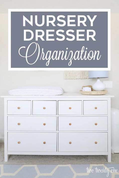 How to organize your nursery dresser! All the tips and tricks! #nursery #dresser #organization #nurseryorganization #ikeadresser Nursery Dresser Top Organization, Nursery Dresser Changing Table Organization, How To Arrange Nursery Furniture, Nursery Ikea Dresser, Hemmed Dresser Nursery Organization, Hemnes Nursery Dresser Organization, Hemmed Dresser Nursery, Infant Dresser Organization, Nursery Dresser Organization Ideas