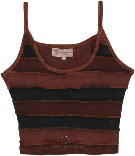 A short cropped tank top in stonewashed ribbed cotton made with panels in shades of brown in the reverse stitch pattern.  The cropped tank is an artistic and harmonious piece of clothing with an outstanding overall look. #tlb #Sleeveless #Stonewash #Embroidered #vacationclothing #bohemianfashion #Handmade #JuniorPetite #bohotanktop #summerhippietanktop #ribbedcottontanktop Earthy Crop Top, Corduroy Tops For Women, Earthy Tops, Tank Top Upcycle, Cool Tank Tops, Tank Top Ideas, Tank Top Aesthetic, Hippie Boho Outfits, 90s Tank Top