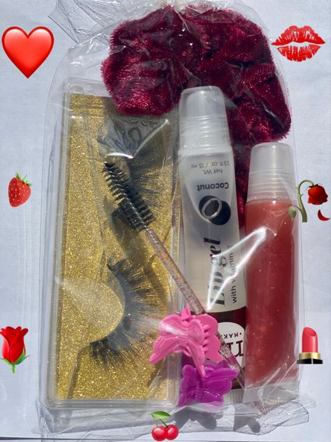 Beauty Goodie Bag Ideas, Lash Gift Bag Ideas, Lash Goodie Bag, Lash Goodie Bag Ideas, Cherry Lip Gloss, Red Scrunchie, Edge Brush, Cherry Lips, Packaging Ideas Business