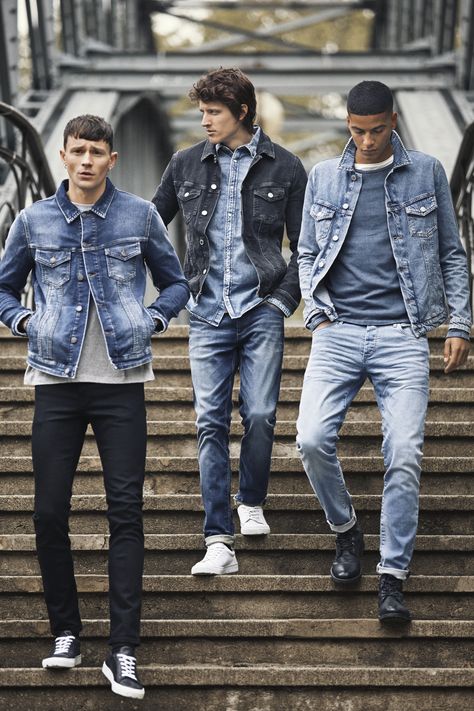 Denim Pants For Men, Denim Photoshoot, Denim Outfit Men, Men's Denim Style, Denim Street Style, Jack And Jones Jeans, Jack And Jones, Denim Shirt Men, Denim Wear