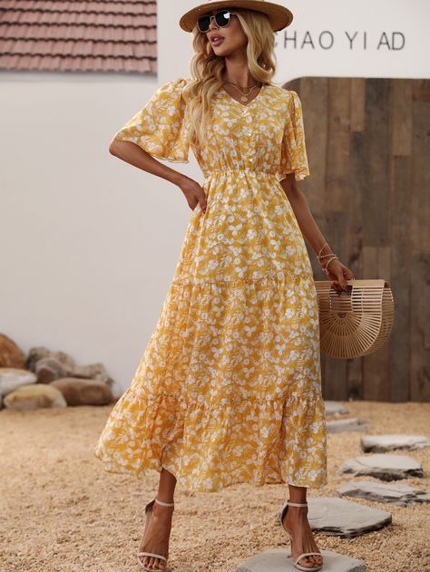 Yellow Boho  Short Sleeve Polyester Floral,All Over Print A Line Embellished Non-Stretch Spring/Summer Women Dresses Print Butterfly, Yellow Floral Dress, Butterfly Sleeve, Shein Dress, Form Fitting Dress, Long Dress Casual, Ruffle Hem Dress, Butterfly Sleeves, Hem Dress