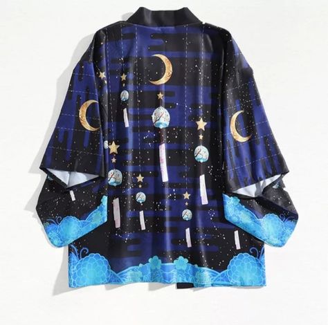 Blue kimono 👘 with moon🌙 Gilet Kimono, Kimono Shirt, Blue Kimono, Chiffon Kimono, Japanese Dress, Cute Cardigans, Cardigan Shirt, Japanese Outfits, Kimono Cardigan