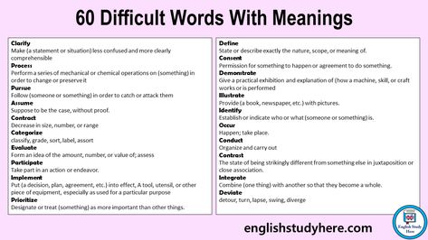 60 Difficult Words With Meanings Difficult Words, Arabic Language, English Study, Vocabulary, Something To Do, Meant To Be, It Works, Quick Saves