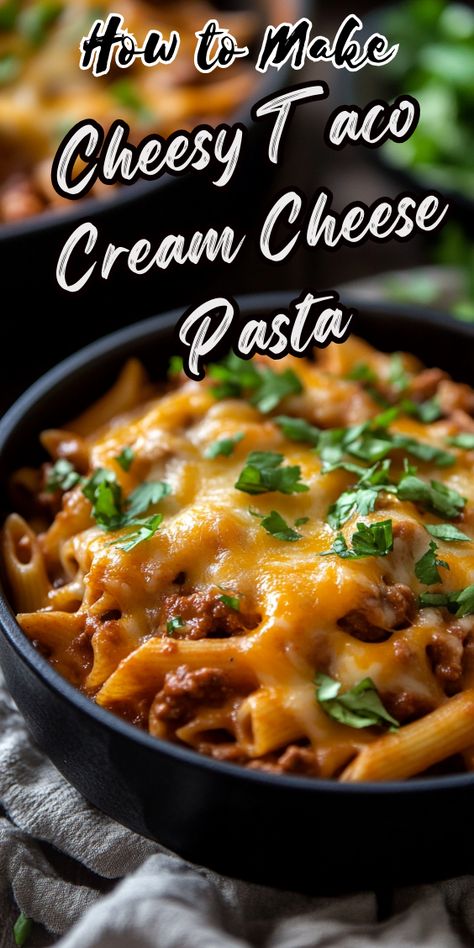 CHEESY TACO CREAM CHEESE PASTA Cream Cheese Meals Dinners, 3 Cheese Pasta Recipes, Cream Cheese Supper Recipes, Cheesy Taco Cream Cheese Pasta, Cream Cheese Savory Recipes, Ground Beef And Cream Cheese Recipes, Recipes With Cream Cheese Dinner, What To Make With Cream Cheese, Cream Cheese Pasta Bake