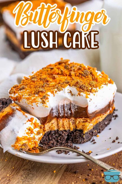 Four Layer Surprise, Layered Truffle Desserts Puddings, Casserole Desserts, Butterfinger Lush, Dessert With Cream Cheese, Butter Finger Dessert, Refrigerated Desserts, Lush Cake, Layered Dessert