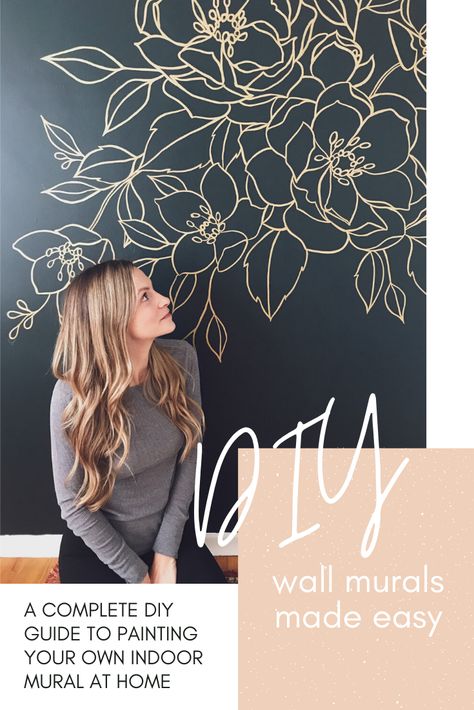 Diy Mural Wall Paintings Easy Floral, Paint Floral Wall, Floral Wall Mural Bedroom, Outline Flower Painting, Floral Wall Murals Painted, Flower Mural Wall, Mural Wall Art Interiors Diy, Feature Wall Mural, Easy Wall Murals Painted Diy Fun