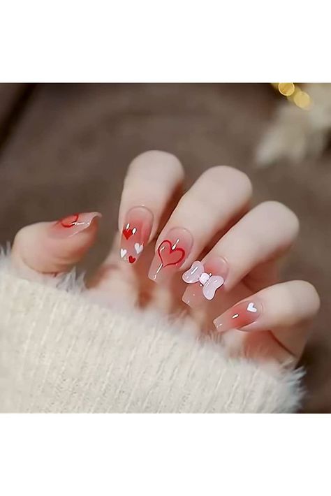 Valentines Day Press On Nails,Mid-Length Square Shape Acrylic Nails Red Hearts with Glitter Bow Exquisite Designs False Nails Decorations Kit for Women 24 Pcs Unghie Nail Art, Nagel Tips, Fake Nails With Glue, Pretty Gel Nails, Really Cute Nails, Ballerina Nails, Kawaii Nails, Diy Nail Art, Nagel Inspo