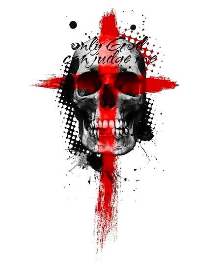 A cool badass tattoo design of a skull with red cross on it and a lettering 'Only God Can Judge Me.'. Style: Trash Polka. Color: Red. Tags: Cool, Badass Arte Trash Polka, Trash Polka Art, Trash Polka Tattoo Designs, Tattoo Trash, Masculine Tattoos, Trash Polka Tattoo, Owl Tattoo Design, Creation Art, Geniale Tattoos