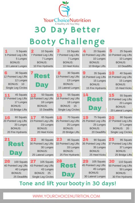 Tone and lift your booty in just 30 days! Join us for the 30 Day Better Booty Challenge | www.yourchoicenutrition.com Crunches Workout, Nutrition Month, 5k Training, Speed Up Metabolism, Month Workout, Sport Nutrition, Squat Challenge, 30 Day Fitness, Push Up Challenge