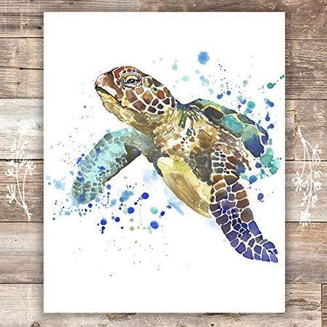 Lake Crafts, Sea Turtle Wall Art, Turtle Wall Art, Blue Drawings, Sea Turtle Art, Painting Water, Turtle Art, Beach Wall Decor, Watercolor Trees