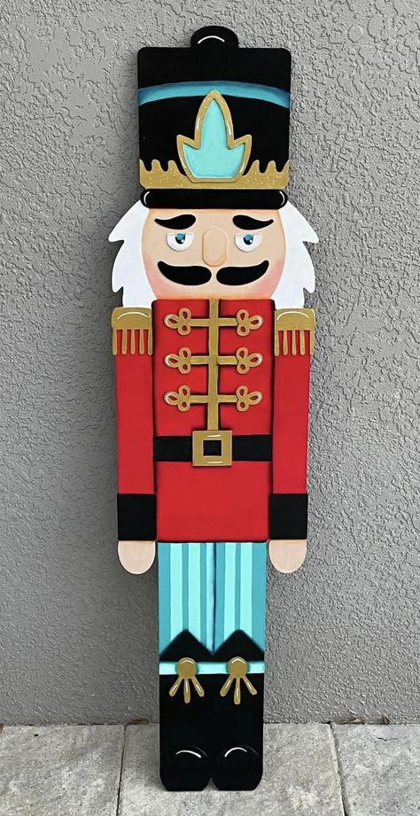 Christmas Crafts Nutcracker, Nutcracker Diy Wooden, Michaels Wooden Nutcracker, Nutcracker Wood Sign, Wooden Soldiers Christmas Diy, Wood Nutcracker Painting Ideas, Nutcracker Wood Cutout, Painted Wood Nutcracker, Cardboard Nutcracker Diy