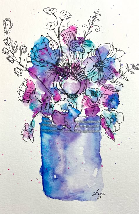 Watercolour Fineliner Art, Loose Ink Drawing, Watercolor Ink Flowers, Watercolor With Ink Outline, Watercolor Flowers With Pen Outline, Loose Ink Sketches, Watercolor And Ink Paintings, Line And Wash Flowers, Pen And Ink Watercolor Paintings