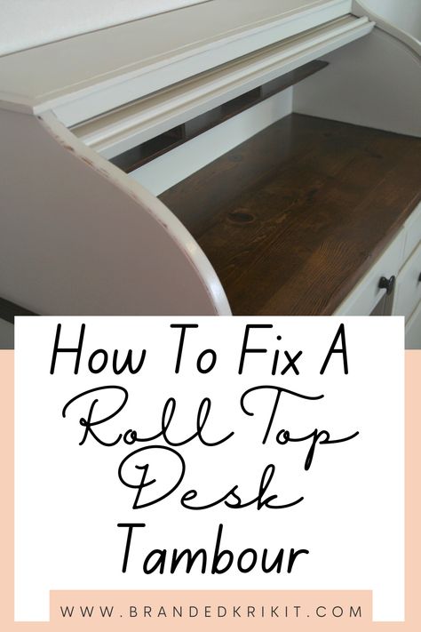 Is the tambour of your roll top desk falling apart or keep getting stuck? Find our here how to fix your roll top desk tambour! Painted Rolltop Desk, Roll Up Desk Makeover, Refurbished Roll Top Desk Ideas, Roll Desk Makeover, Rolltop Desk Decor, Repurpose Roll Top Desk Ideas, Refurbished Roll Top Desk, Refinished Roll Top Desk, Diy Roll Top Desk