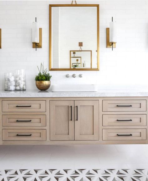 Floating vanities open up floor space, look cool, and provide a modern, sleek alternative to the traditional vanity ✨Do you like floating… Chic Bathroom, Bad Inspiration, Interior Minimalista, Floating Vanity, Apartment Bathroom, Diy Bathroom Decor, Bathroom Renos, Modern Coastal, Large Mirror