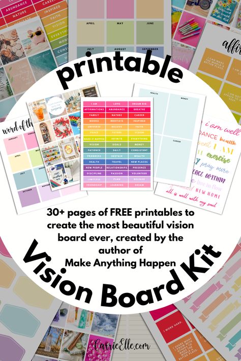 The Ultimate Free Printable Vision Board Kit in Bright Rainbow Colors - Carrie Elle Vision Board For Preschoolers, Vision Board Printables Free 2024, Vision Board Printables Pictures, Vision Board Printables Free 2023, Vision Board Template Free Printable, Vision Board Ideas Diy, Vision Board Topics, Vision Board Tools, Printable Vision Board Template