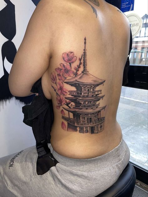 Ancient China Tattoo, Cherry Blossom Tattoo Black Women, Japanese Cherry Blossom Tattoo Thigh, Japanese Cherry Blossom Back Tattoo, Back Tattoo Women Chinese, Thigh Portrait Tattoo, Back Sleeve Tattoo Women, Chinese House Tattoo, Japanese Thigh Tattoo