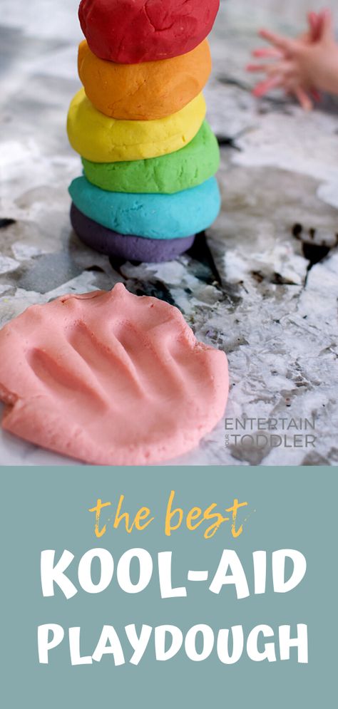 Homemade Koolaid Playdough, Easy Playdough Recipe No Cream Of Tartar, Look Aid Play Dough, Homemade Playdough Recipe Koolaid, Safe To Eat Play Dough, Play Dough No Cream Of Tartar, Koolaid Playdough No Cook, Smelly Playdough Recipe, Play Dough Recipe No Cream Of Tartar