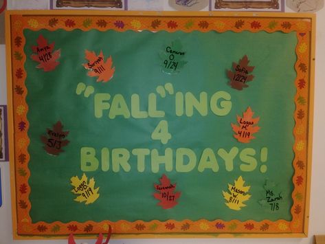 Falling 4 Birthdays Fall Theme Birthday Bulletin Board, Fall Birthday Boards Preschool, November Birthday Bulletin Boards, Fall Birthday Wall For Classroom, November Birthday Board Ideas, September Birthday Board, Thanksgiving Birthday Board, November Birthday Bulletin Board Ideas, Fall Birthday Boards For Daycare